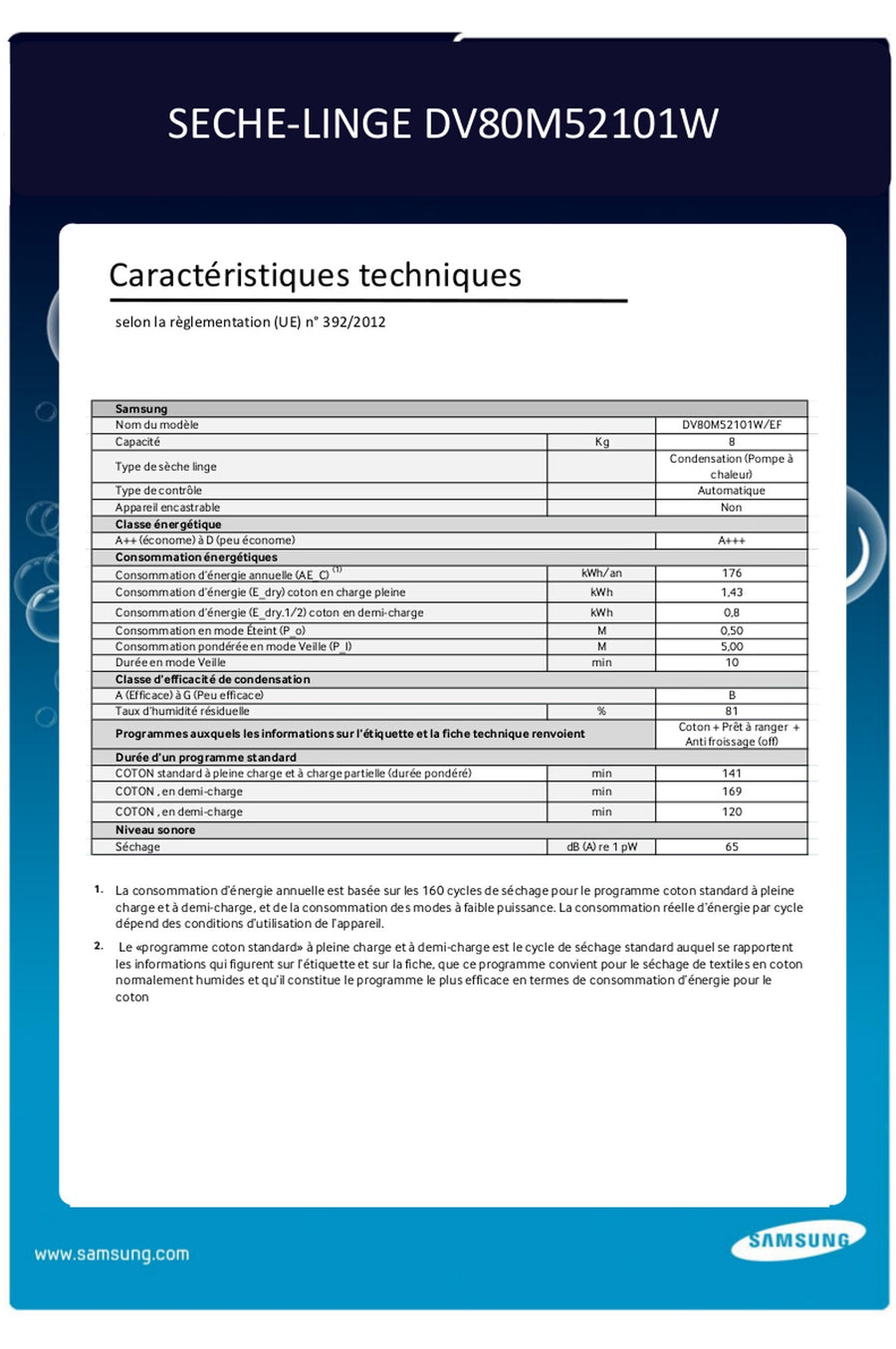 Seche-linge pompe à chaleur SAMSUNG DV80M52101W