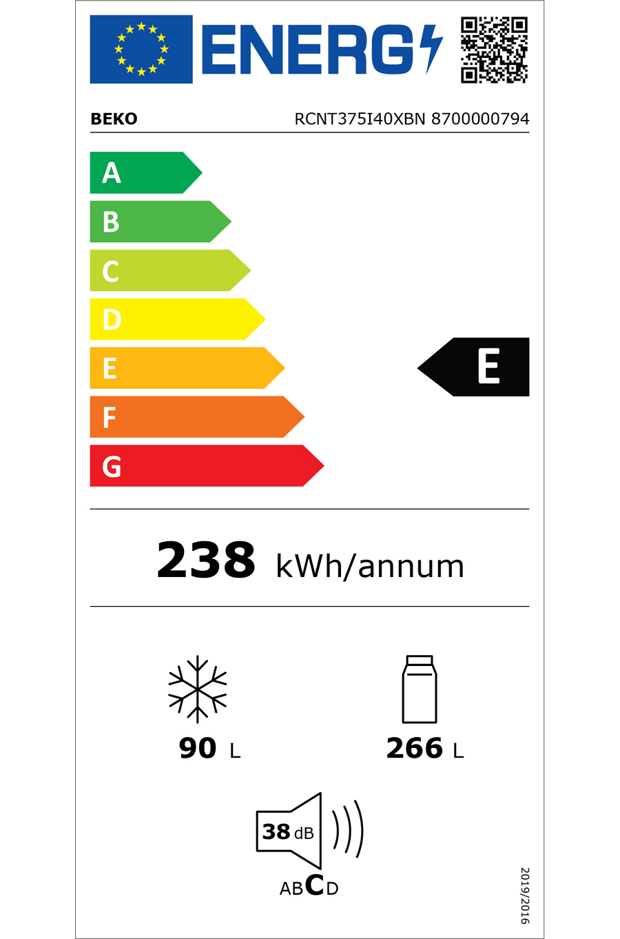 Réfrigérateur avec congélateur BEKO RCNT375I40XBN