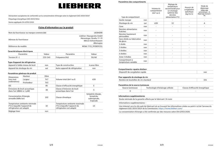 Cave à Vin De Vieillissement 324 bouteilles Reconditionné LIEBHERR WSBLI7731-20
