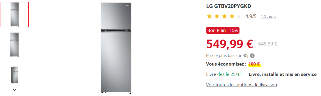 Réfrigérateur compact 208 L Reconditionné LG GTBV20PYGKD