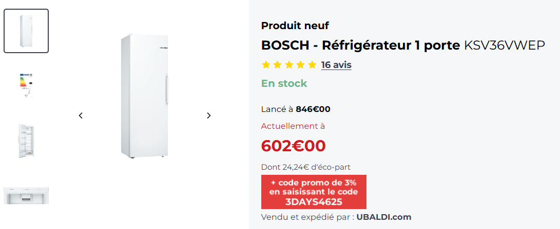 Réfrigérateur une porte 346 L Reconditionné BOSCH KSV36VWEP