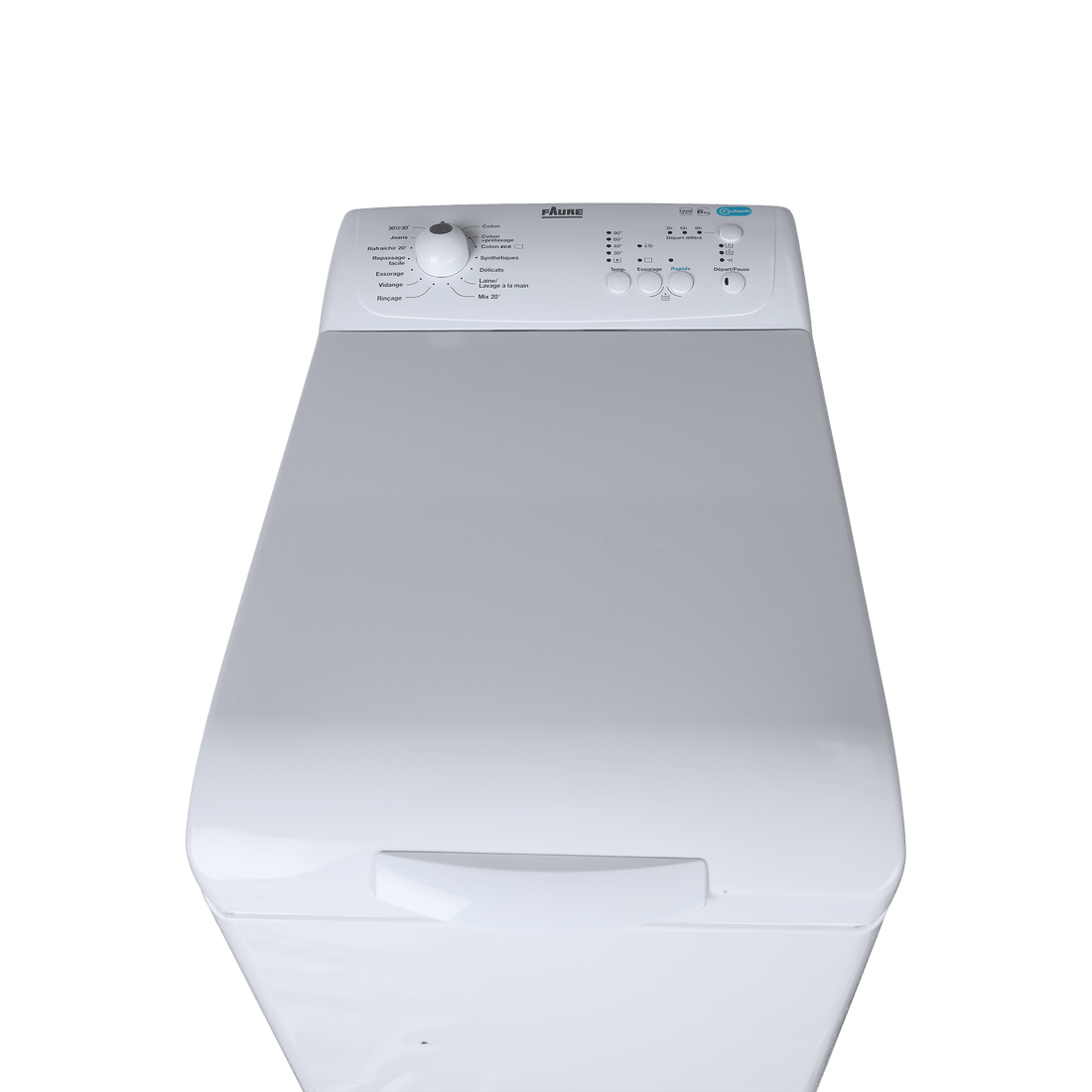 Lave-Linge Top 6 kg Reconditionné FAURE FWQ6412C : vue du haut ouverture et commandes