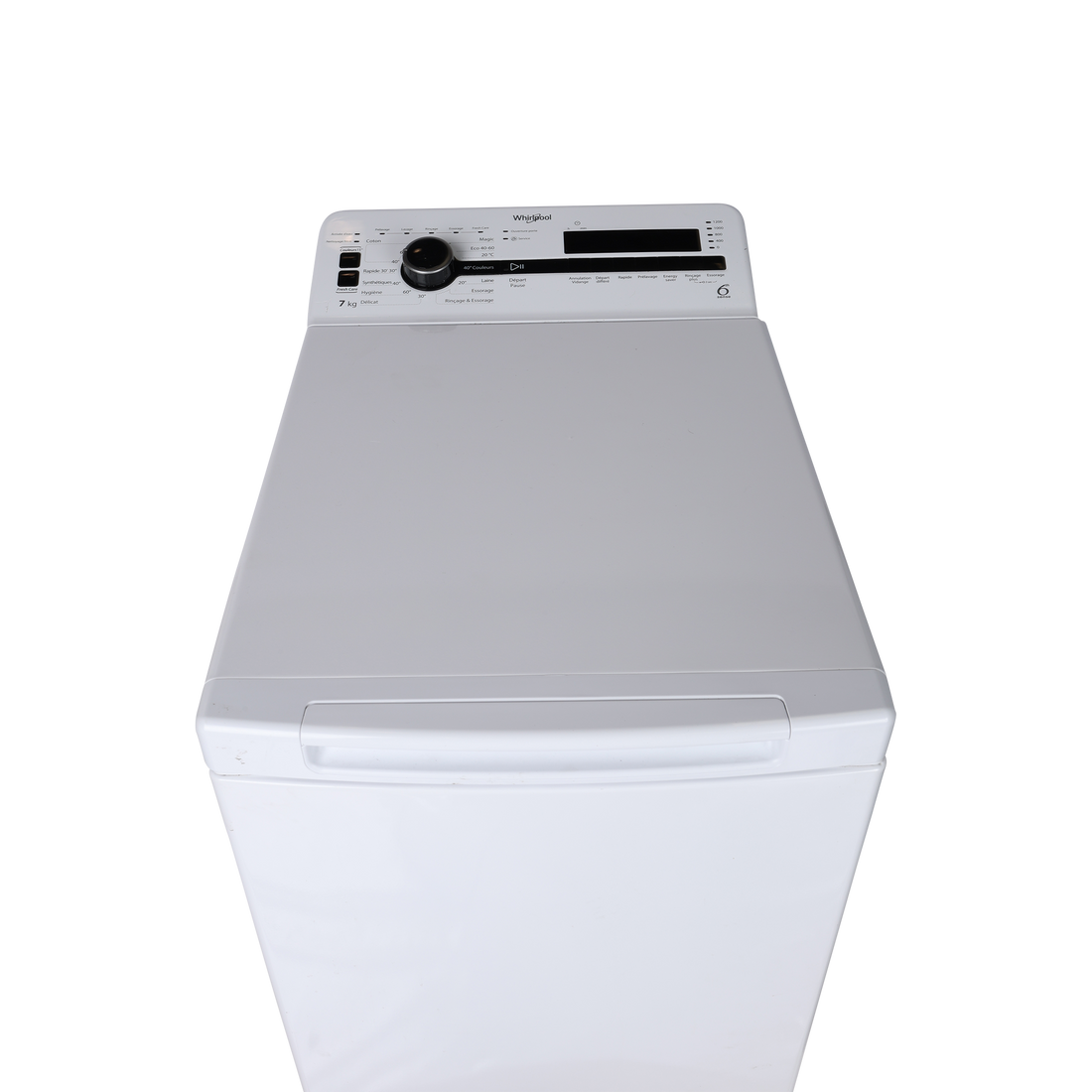 Lave-Linge Top 7 kg Reconditionné WHIRLPOOL TDLR72223SSFR/N : vue du haut ouverture et commandes
