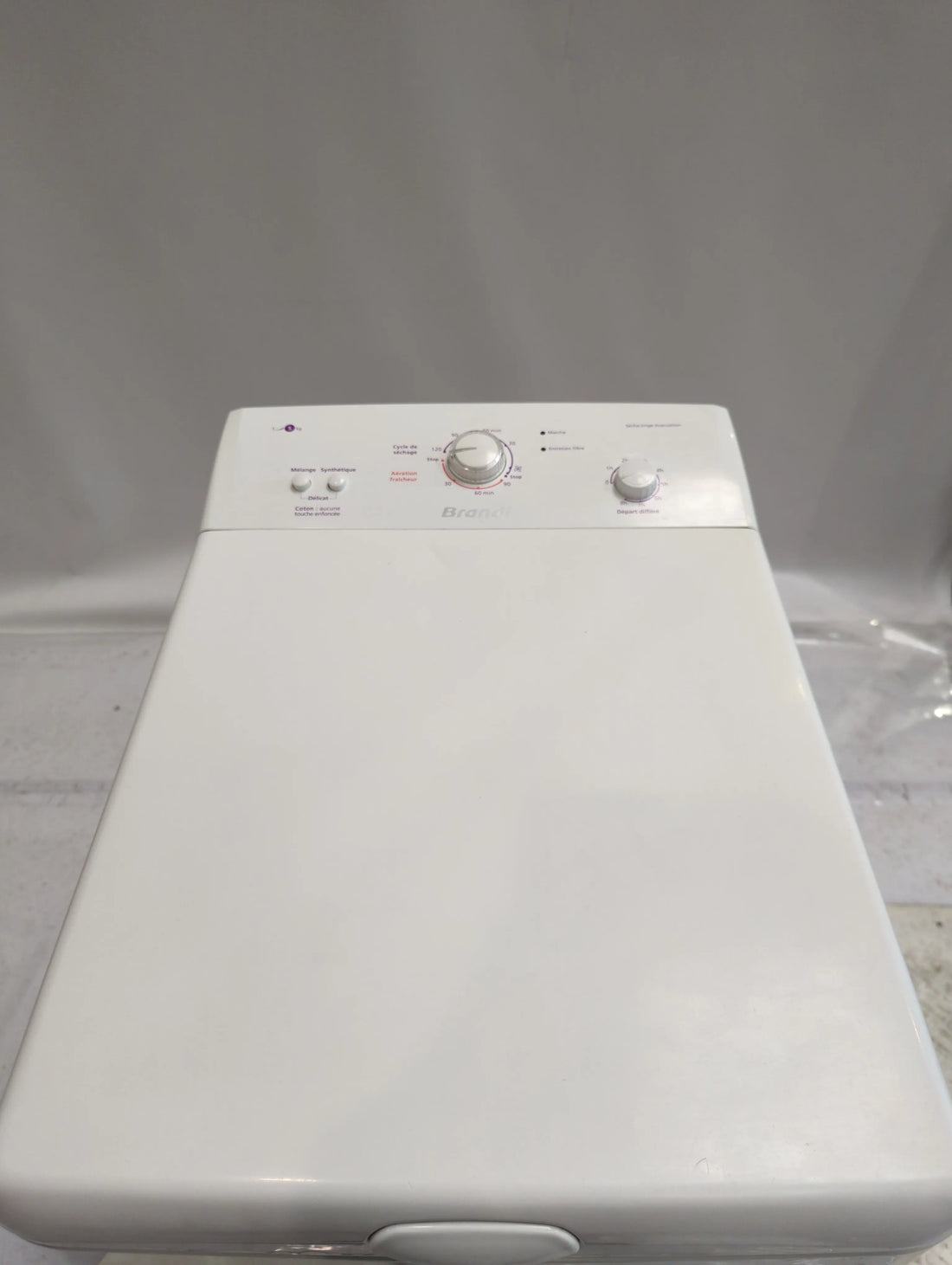 Seche-Linge Evacuation 5 kg Reconditionné BRANDT ETE124F : vue du haut ouverture et commandes